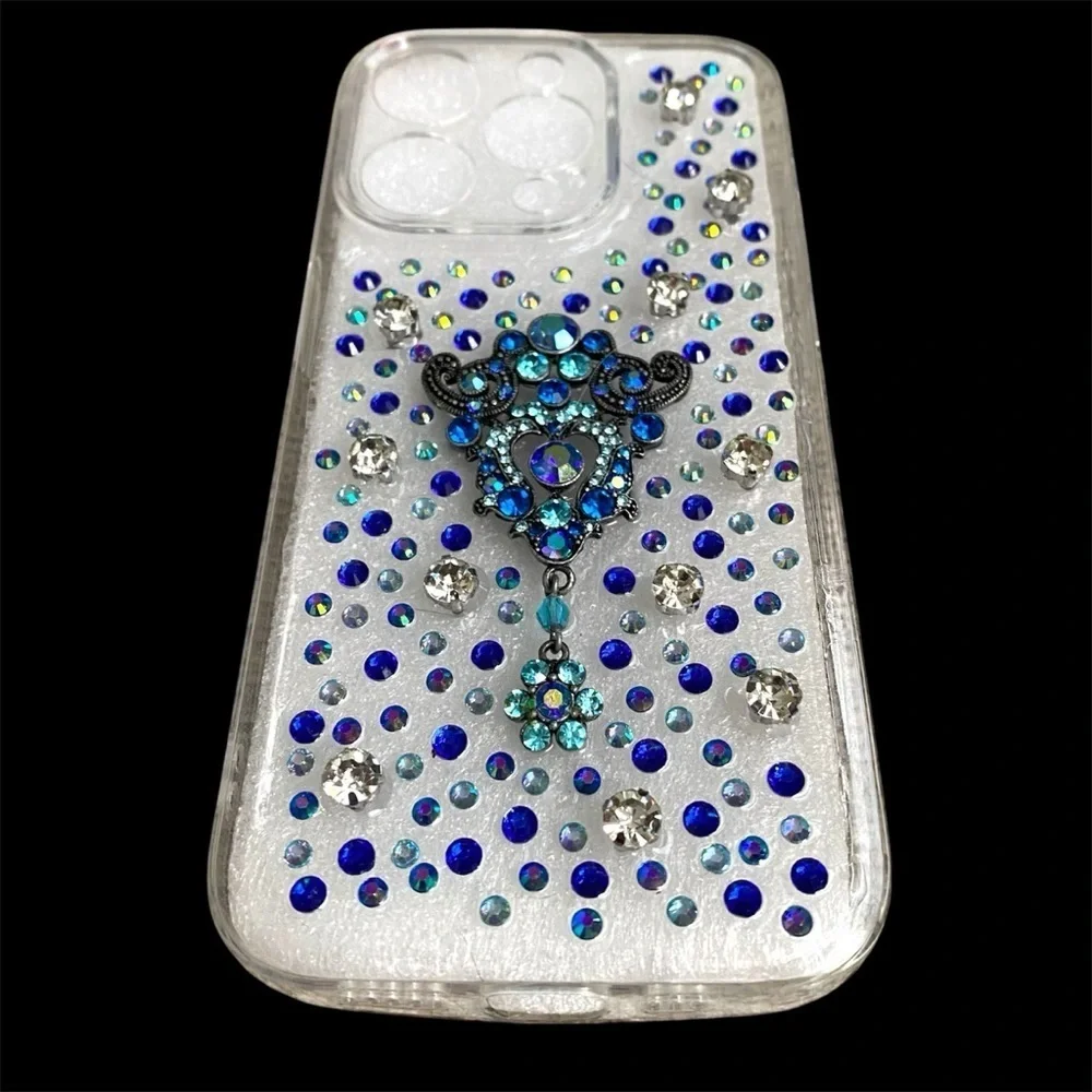Blue and Silver Rhinestone Vintage Jewel iPhone 15 Pro Case